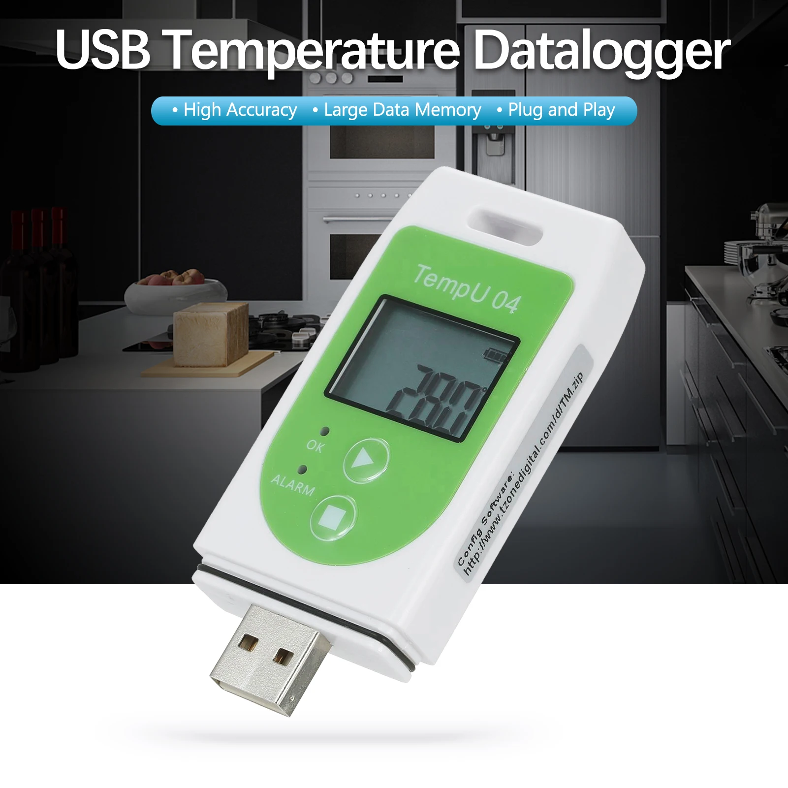 USB Powered Temperature Data Logger LCD Screen 32000 Readings Capacity Adjustable Recording Interval from 10 Sec to 18 Hours