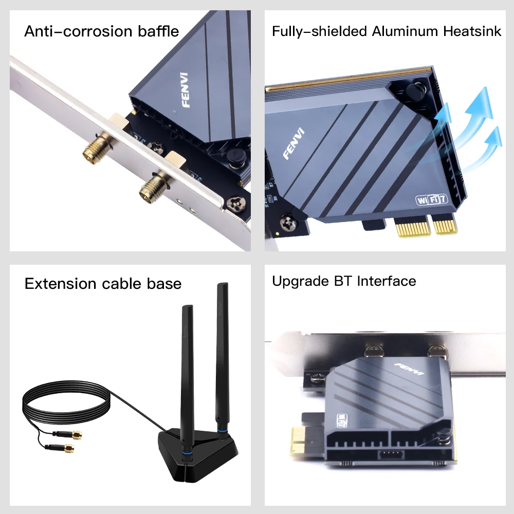 Fenvi WiFi 7 QCNCM865 Pcie Wireless Wifi Adapter Bluetooth 5.3 Tri Band 2.4G/5G/6GHz Wifi7 Wi-Fi 7 Card Extend antenna Win10/11