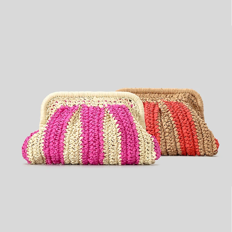 fashion striped straw clutch bag for women paper woven shoulder crossbody bags handmade casual summer beach bag bali purses 2024