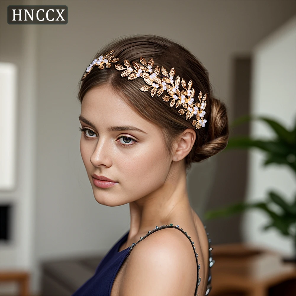 

HNCCX Bridal Gold Color Headpiece Alloy Leaf Pearl Wedding Headband Woman Bridal Hair Accessories Banquet Headdress CP353