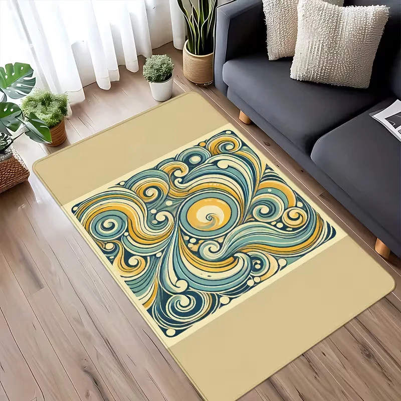 Minimalist Boho Sun Wave Geometric Print Area Rug Soft Non-Slip Living Room Carpet Mid Century Modern Abstract Sun Floor Mat