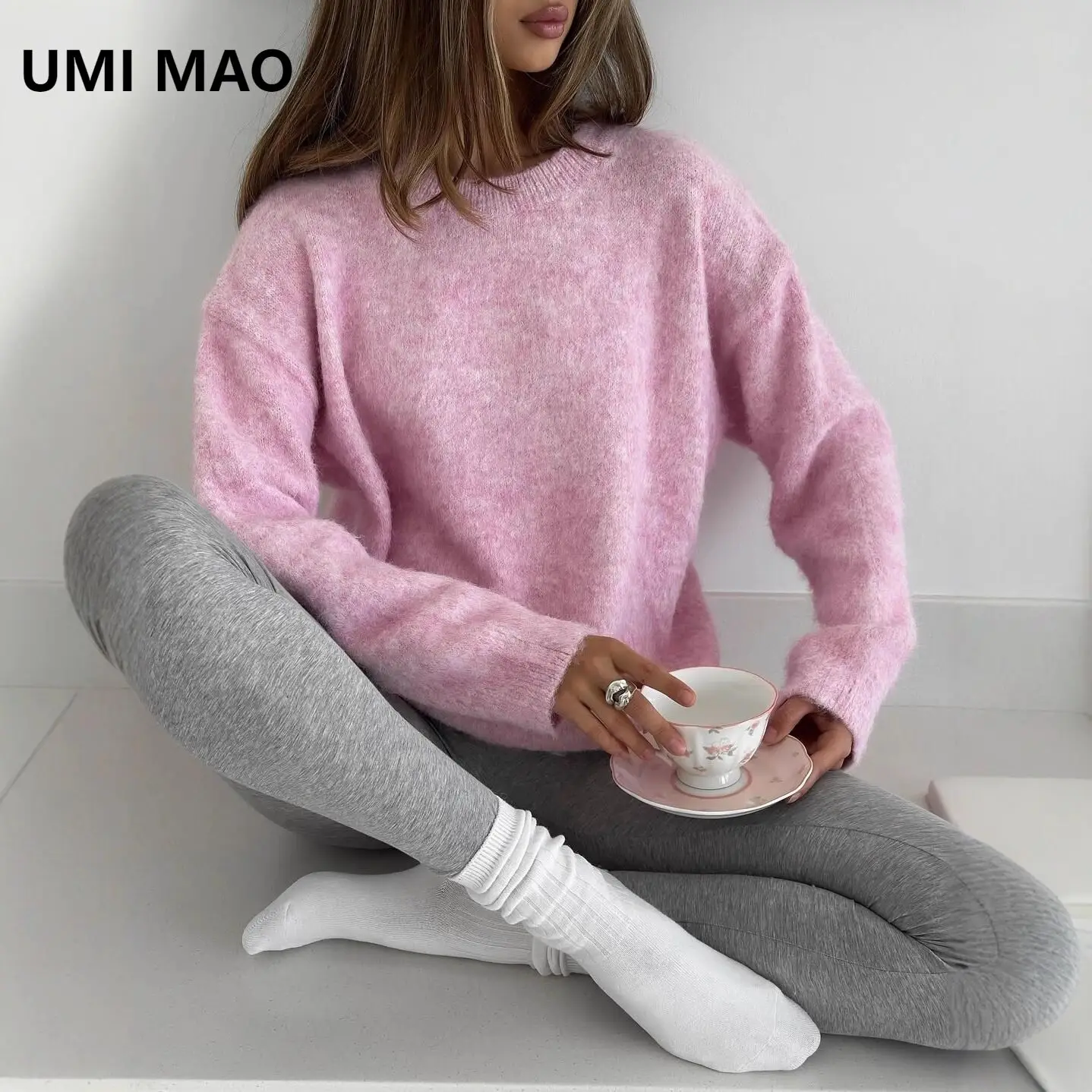 

UMI MAO осень-зима американский стиль ленивый короткий серый пуловер свитер женский свободный длинный вязаный свитер из шерсти альпаки с круглым вырезом