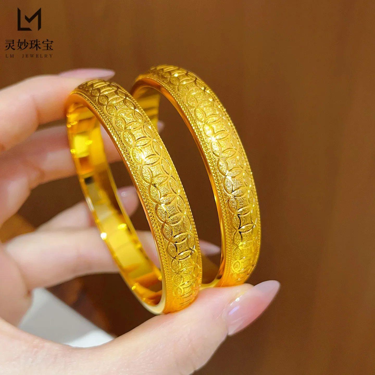 

Niche luxury Chinese style, Ancient Nail Sand Full Circle Coin Bangle For Women 24K Gold AU999, Unique design avoids repetition