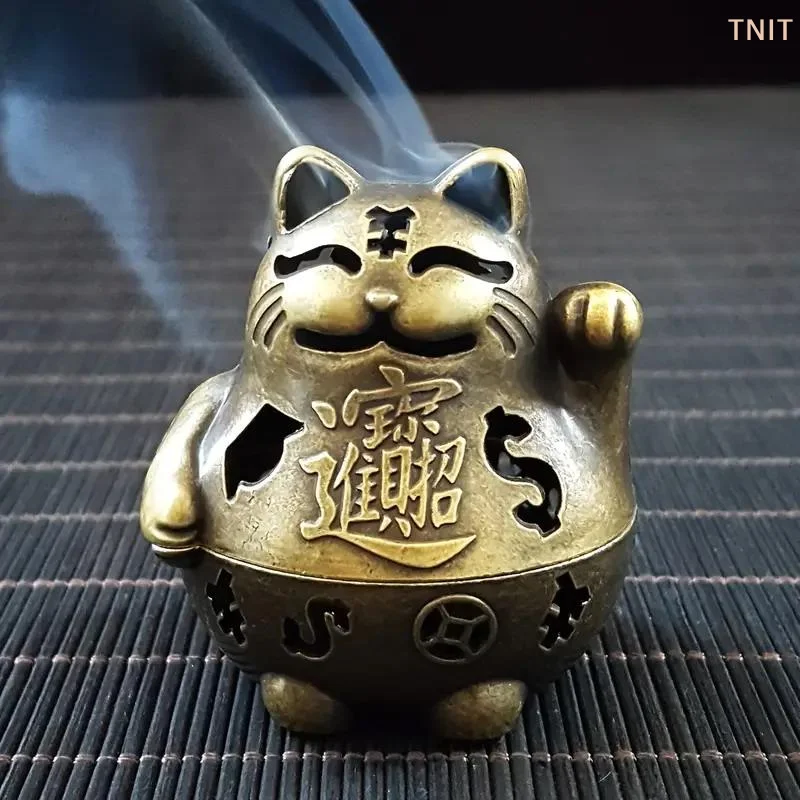 [J] Lucky Wealth Cat Incense Burner Golden Feng Shui Good Luck Home/Office Decor With Prosperity Symbols Meditation Accessory