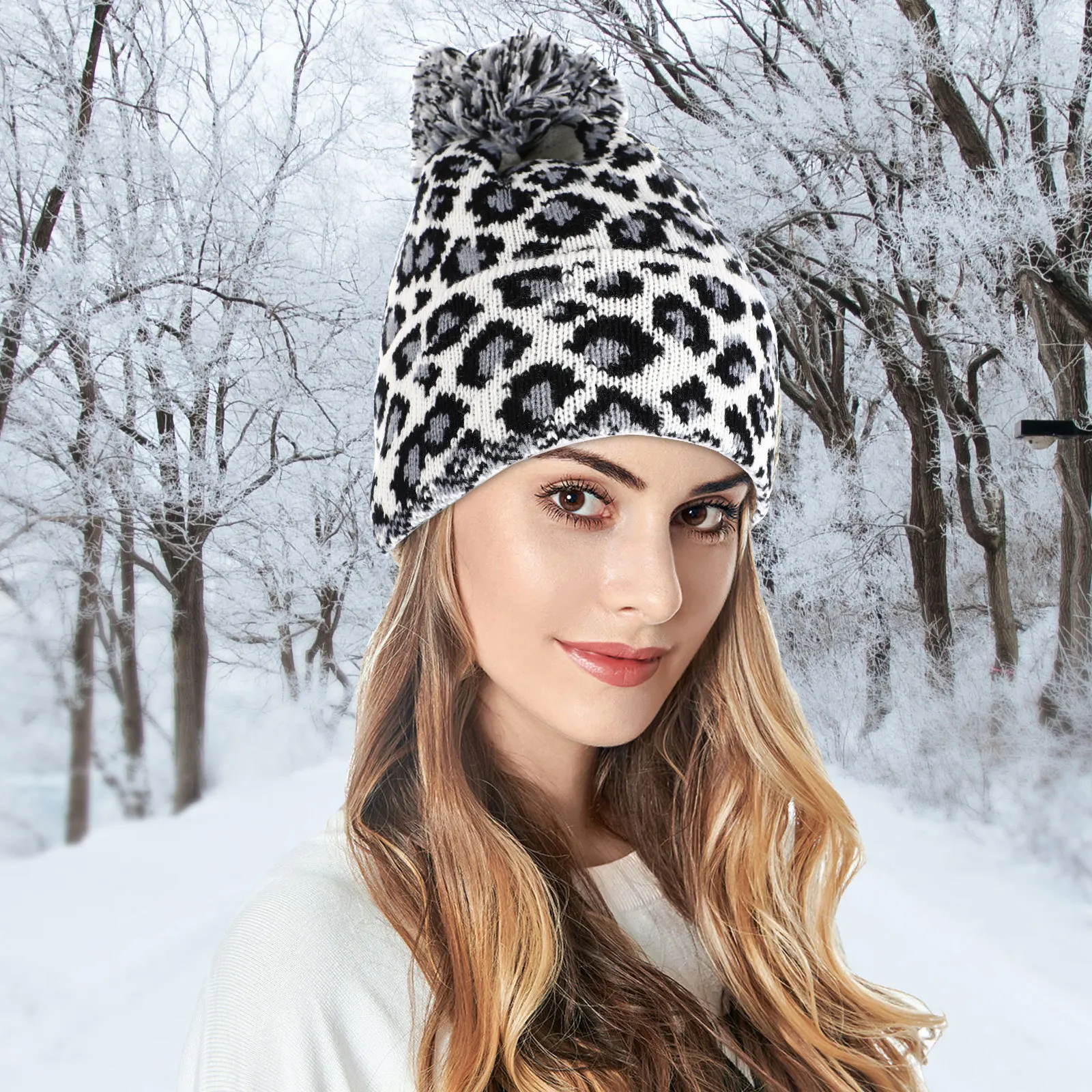 

Soft Warm Knitted Hat for Women Leopard Print Winter Beanie Fine Texture Easy Clean Skin-Friendly Wool Hat for Daily Use