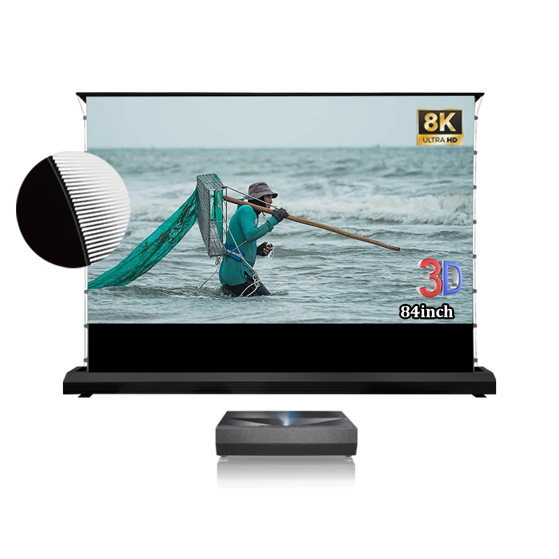 84 Inch Motorized UST ALR Pet Crystal Projector Screen Black Grid Anti-Light Floor Rising Electric 4K Laser TV Projectors 16:9