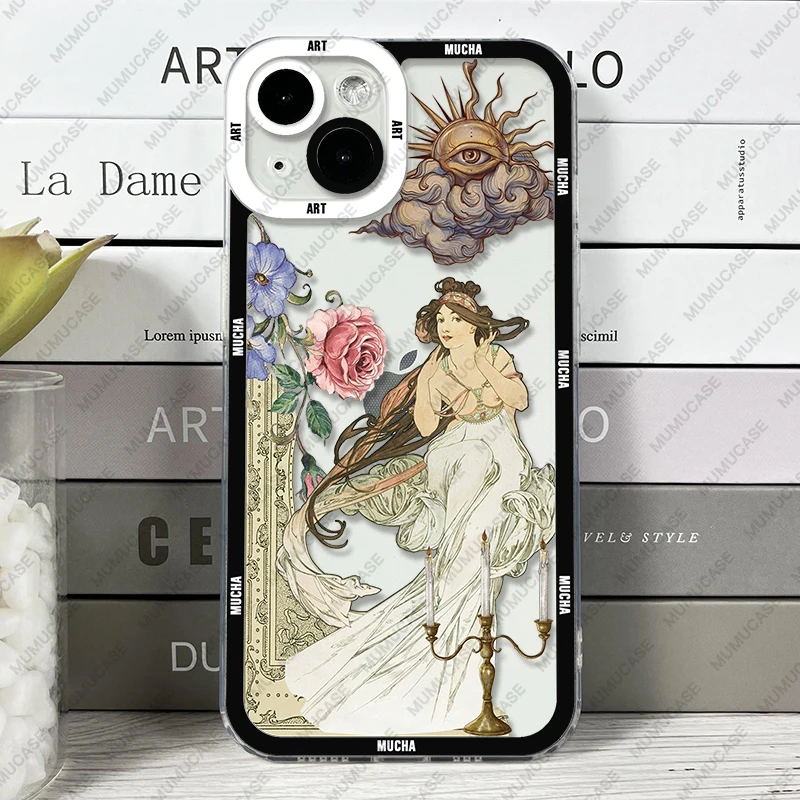 Funda para iPhone 16 15 14 13 12 11 Pro Max Mini XS X XR SE 7 8 Plus cubierta suave Alphonse Mucha Art
