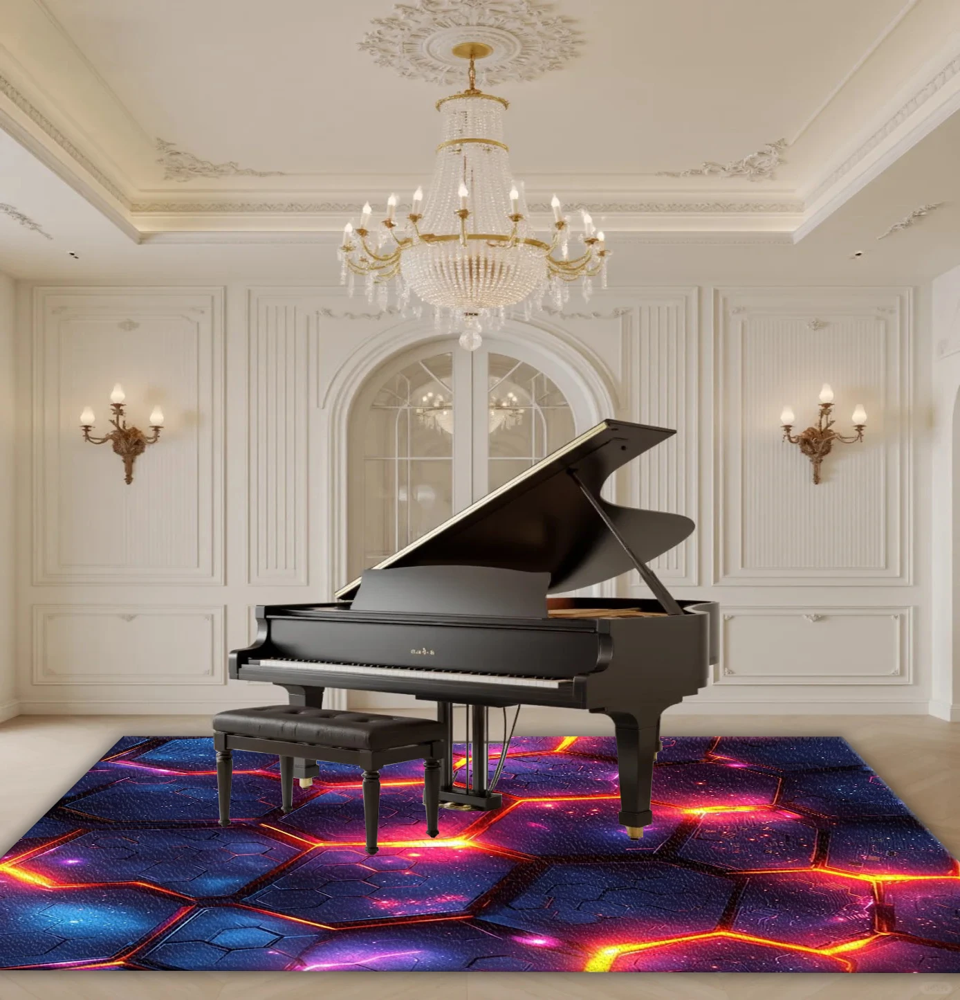 Neon Hexagon Area Rug Blue Orange Glowing Geometric Non‑Slip Carpet Floor Mat for Living Room Bedroom Home Decor