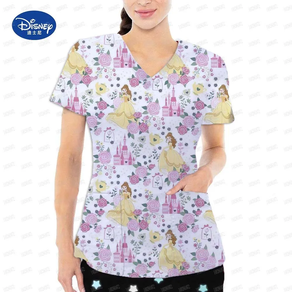 Fashion Disney Princess Print Hospital Uniform Nurse Beauty Dental Salon Work Clothes Customized Medical Matte Jogging Girl