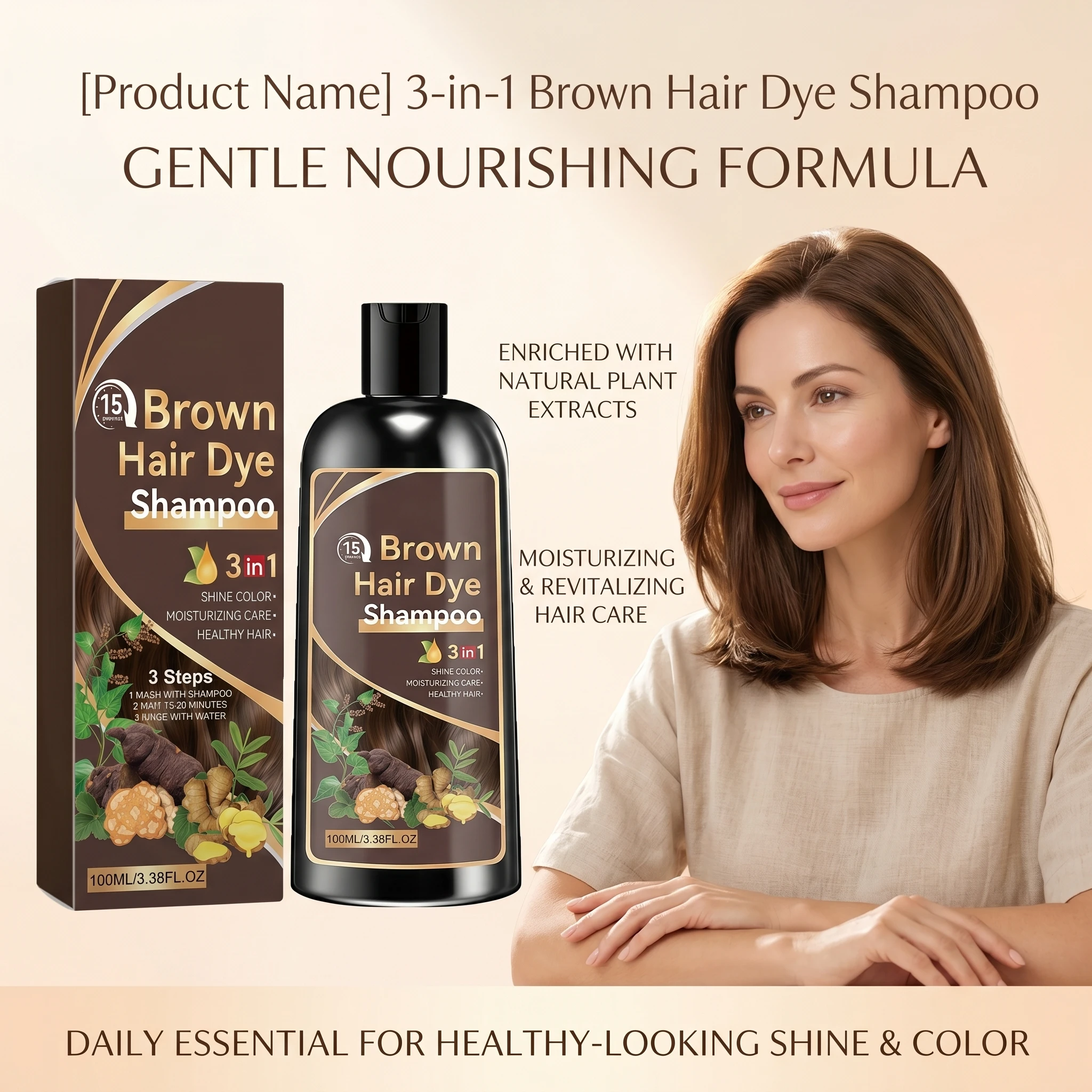Natural Plant-Based Hair Coloring Shampoo Moisturizing Coverage Gray Hair Long-Lasting Black Color 3 in 1 Black Hair Dye Shampoo