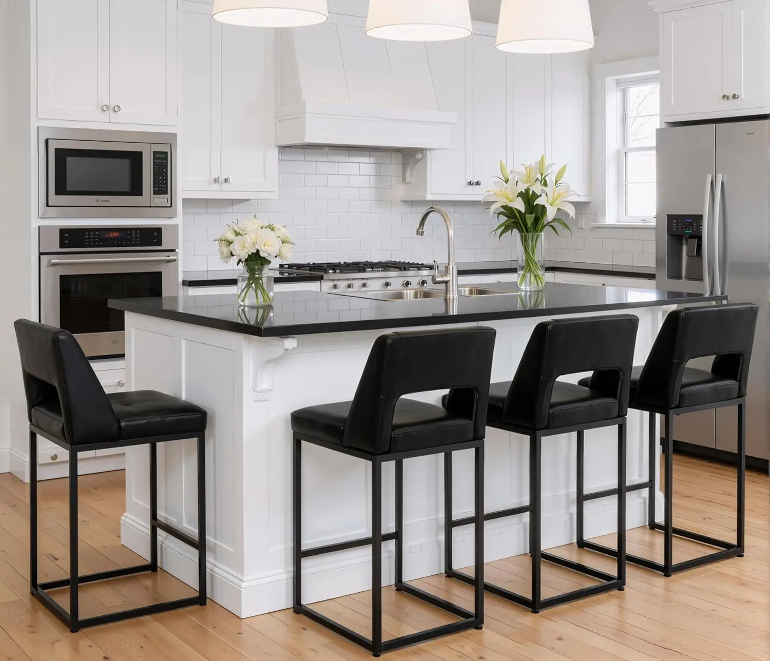 

Набор из 4 черных барных стульев для кухонной стойки, современные барные стулья с высокой спинкой для кухонного острова, с возможностью индивидуального заказа