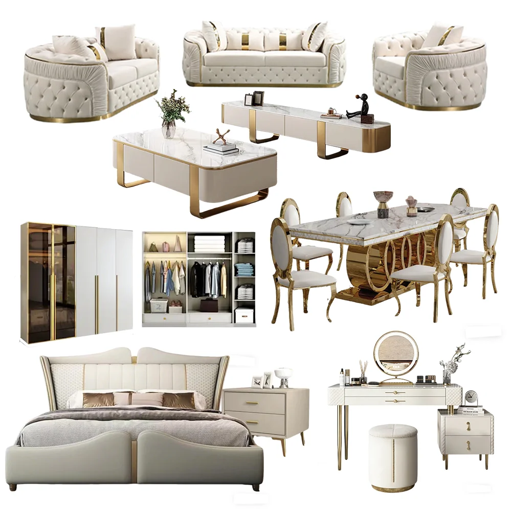 &Modern Luxury Home Furniture Sofa Dining Table Chair Bed Nightstand Wooden Large Bedroom Furniture Set