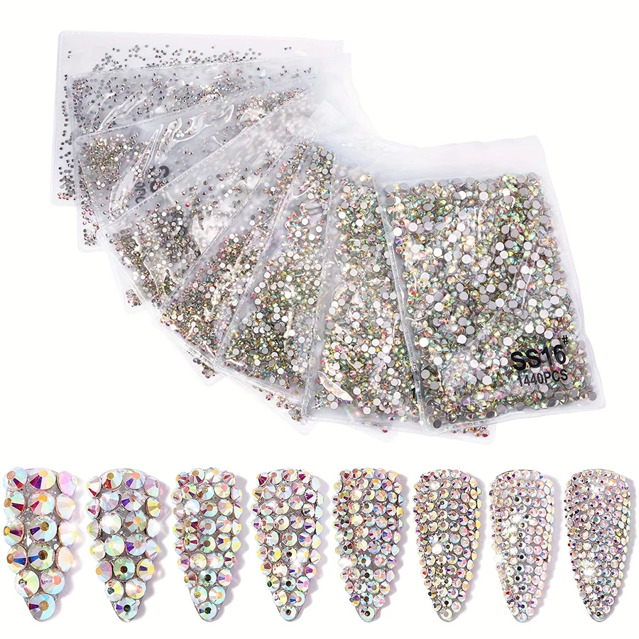 1440 個ネイルクリア/AB ガラスストラスヒラタクリスタルラインストーン (SS3-SS30)3D ネイル宝石非ホットフィックスネイルラインストーン