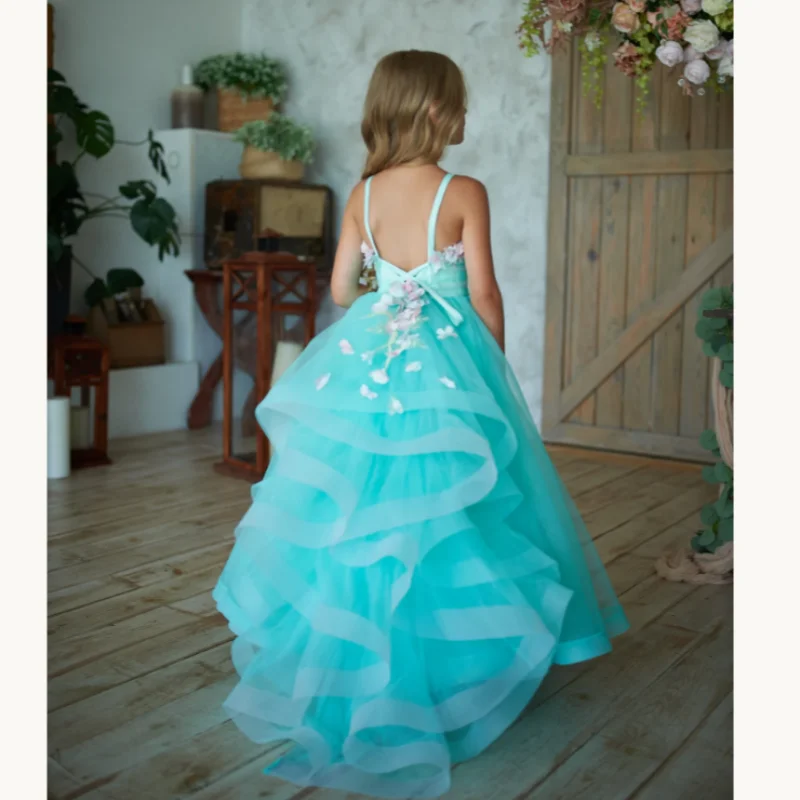 Flower Girl Dress Turquoise Strapless 3D Floral Top Double Decorative Belt Kids Pageant Wedding Studio Photoshoot Party Dress