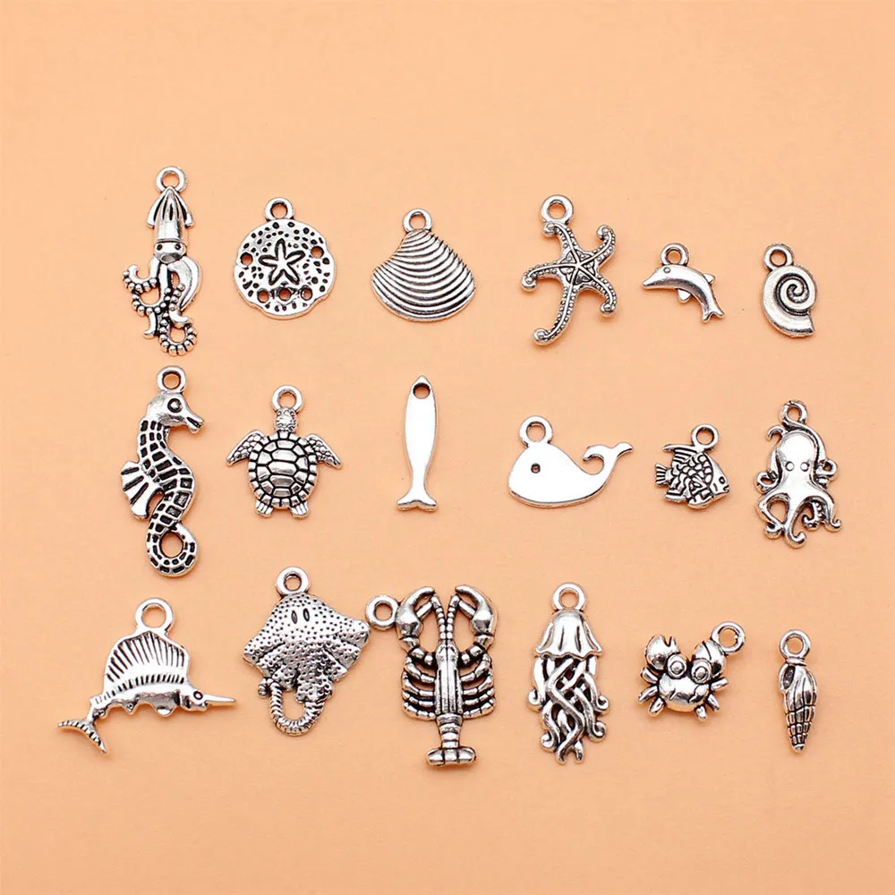 Jewellery Making Supplies Sea Animals Seashell Starfish Seahorse Turtle Whale Octopus Jellyfish Crab Charms Collection 18pcs