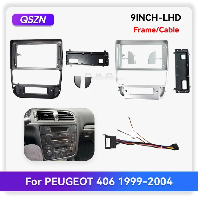 QSZN For PEUGEOT 406 1999-2004 Car Radio Frame Fascia Dash Kit DVD 9INCH 2DIN Head Unit Panel Stereo Cover Cable Harness Wire