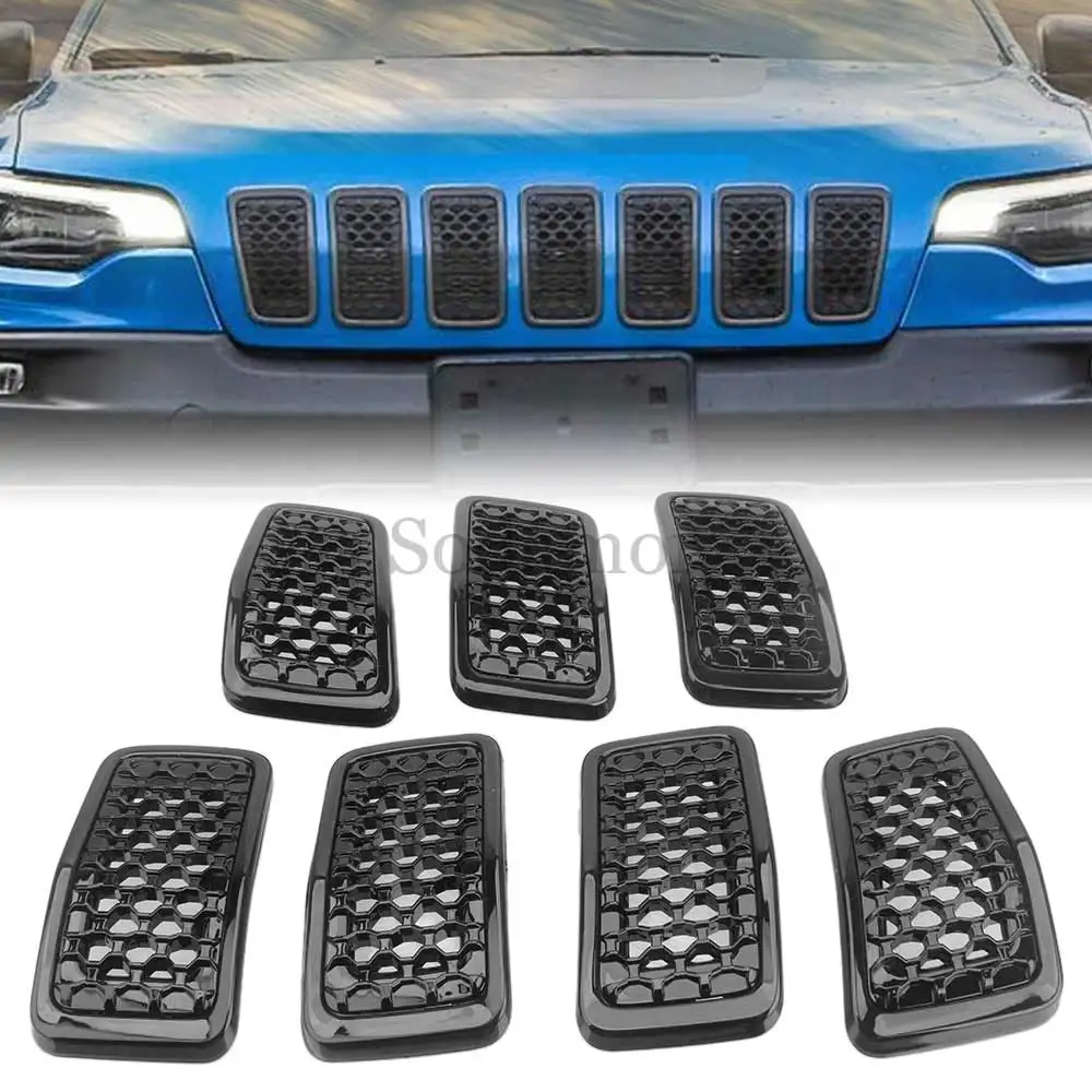

7PCS/Set ABS Black Front Honeycomb-Mesh Grill Grille Insert Trim Cover Fit For Jeep Cherokee 2019 2020 2021 2022 2023 6AZ88DX8AB