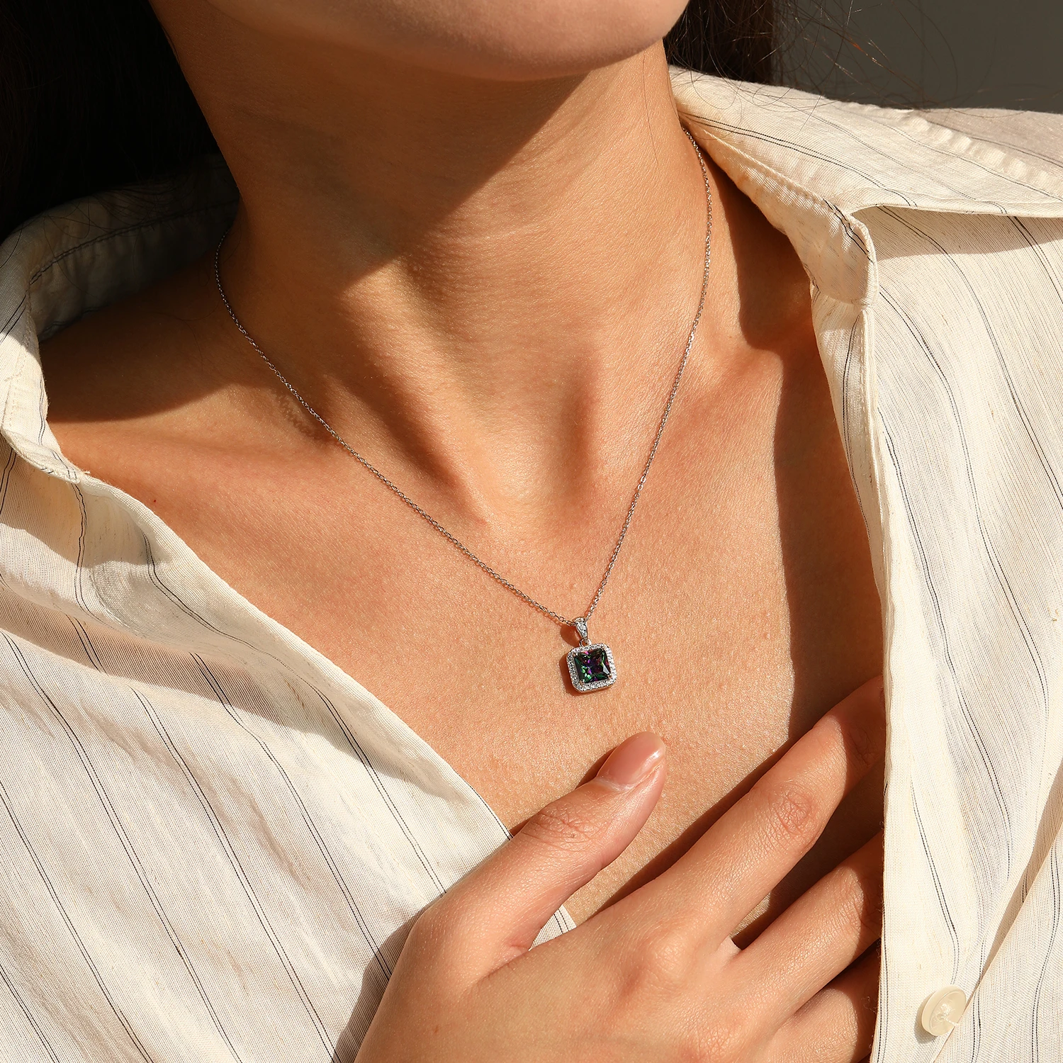 YANLOK 925 Sterling Silver Sparkling Rainbow Color Zircon Square Pendant Necklace For Women Office Fine Jewelry