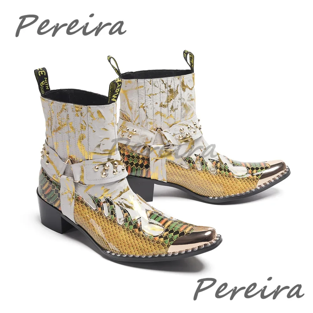 

Роскошные мужские ботинки челси, модные ботильоны с металлическими заклепками и острым носком, лоскутные вечерние модельные туфли из натуральной кожи для банкета