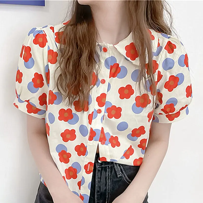 S-3XL Floral Colorful Shirts Women Peter Pan Collar Girls Vintage Casual Stylish Single Breasted Clothes Female Loose All-match