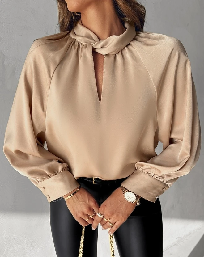 

2024 Autumn Winter Spring New Fashion Casual Sexy Blouses Shirt Keyhole Neck Twisted Ruched Top Elegant T-Shirt Pullover Tops