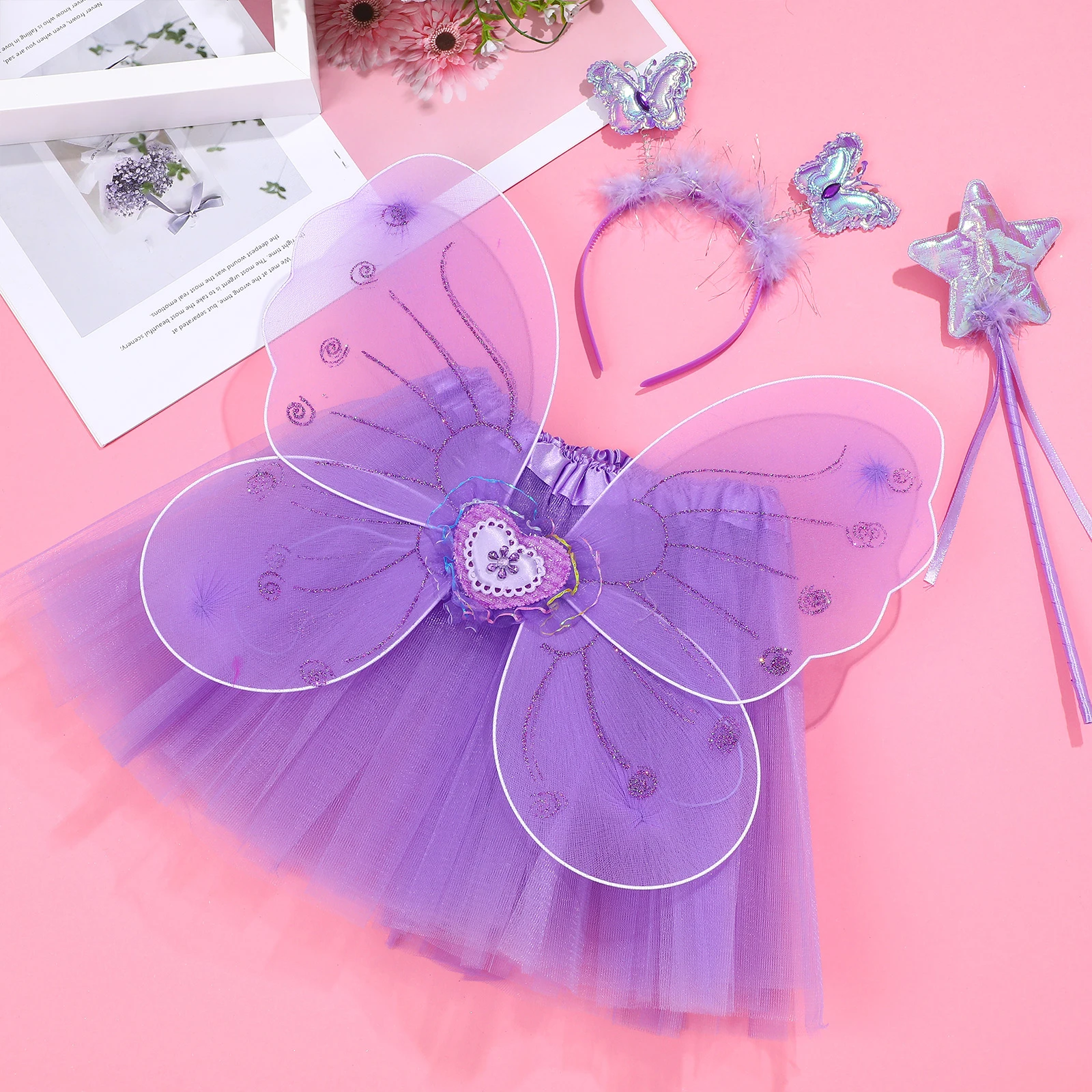 

Butterfly Wings Headband Purple Fairy Costume Set Girls Dress Kit Tutu Skirt Accessory Stick Wand Elegant Stylish Safe Birthday