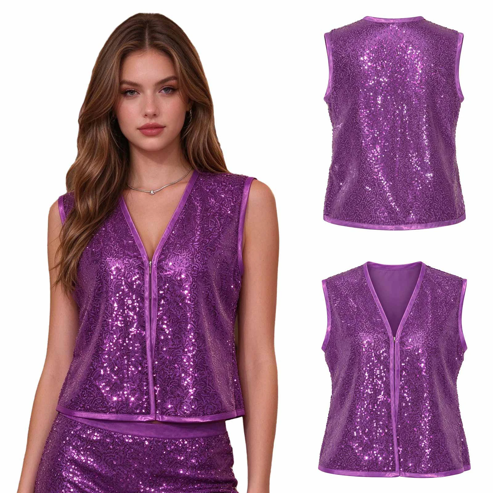 Women Sparkly Sequin Waistcoat Vest V-neck Sleeveless Tank Top for Stage Performance Dance Party Club Concert Music Festival