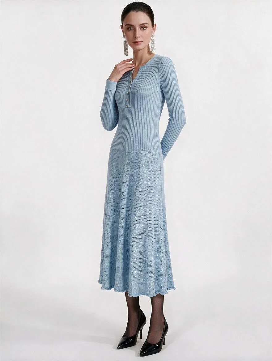 High-quality Fashionable Half High Collar Button Hollow Bright Silk Elastic Knitted Slim Fit Long Women's Dress