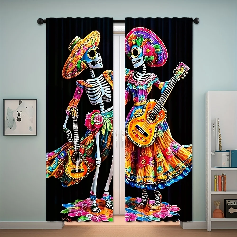 Vibrant Fiesta Mexican Dia de Muertos Skeleton Calavera Curtains Boho Catrina Drapes for Living Room Bedroom Window Decor