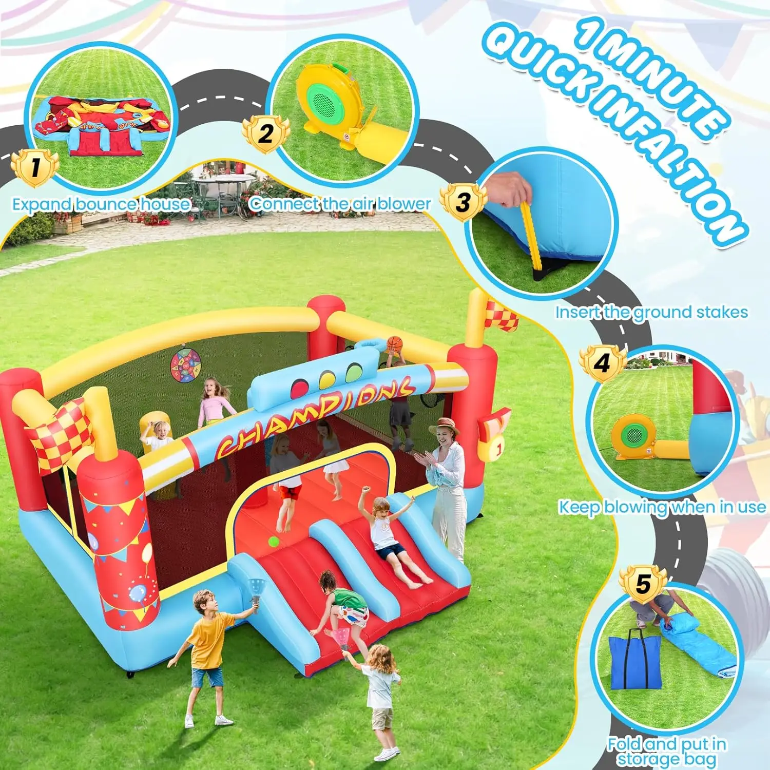 Casa de rebote inflable grande para niños grandes, abolladuras inflables al aire libre de 13 pies con soplador, aro de baloncesto doble, juego de pelota de lanzamiento,