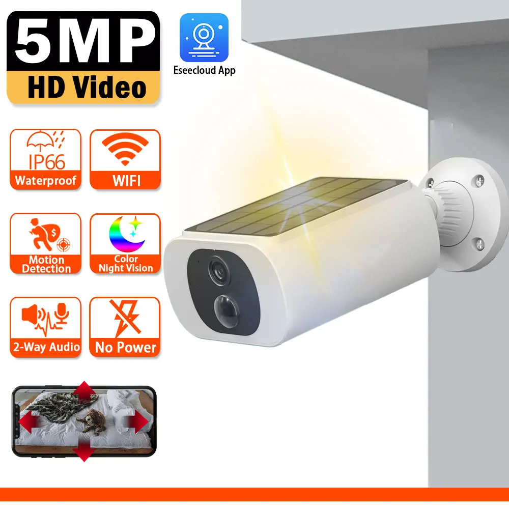 

5-мегапиксельная солнечная Wi-Fi пулевидная камера, уличная беспроводная IP-камера со встроенным аккумулятором, цветная камера ночного видения, камера видеонаблюдения