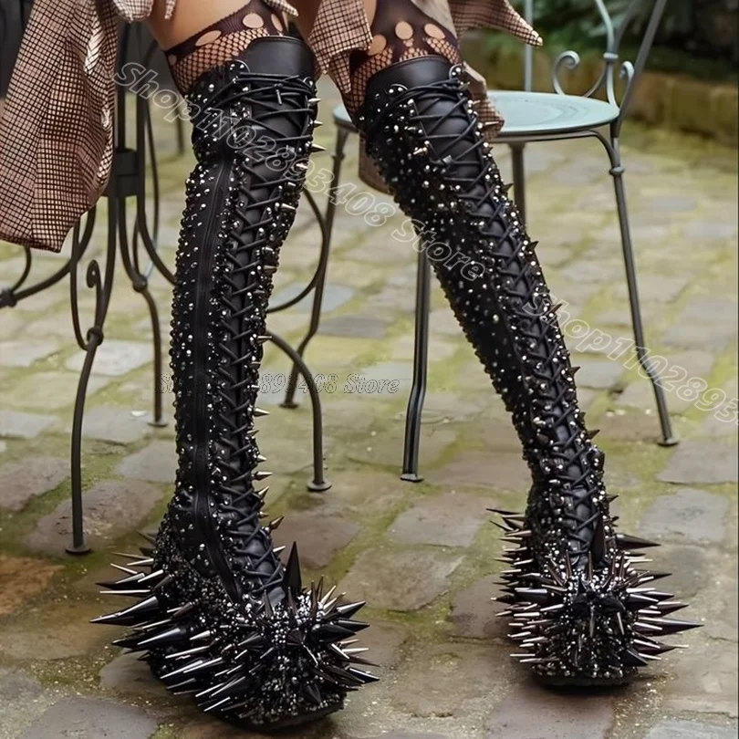 Black Rivet Decor Personality Boots Round Toe Lace up British Style New Fashion Women Party Dress Boots 2024 Zapatos Para Mujere