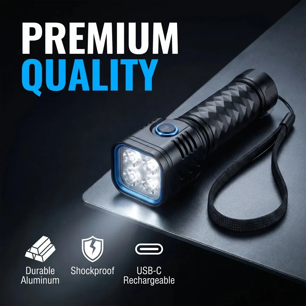 4‑Bead Fixed‑Focus High Bright Flashlight Aluminum Alloy Torch 3‑Mode Adjustable Strong Long‑Throw for Outdoor Camping Lighting