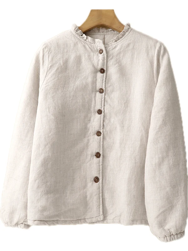 

Теннее хлопково-льняное пальто с деревянным воротником-стойкой и рюшами, корейское длинное пальто прямого кроя све на осень-зиму