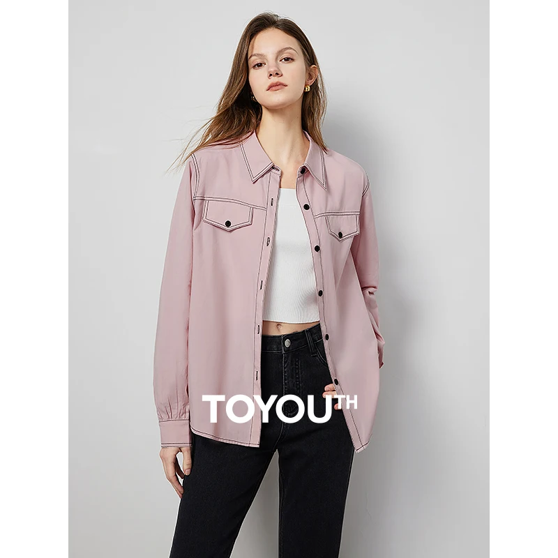 

TOYOUTH Women Blouse Shirt 2024 Spring New Modal Material Contrasting Pocket Long Sleeve Office Lady Pink Tops