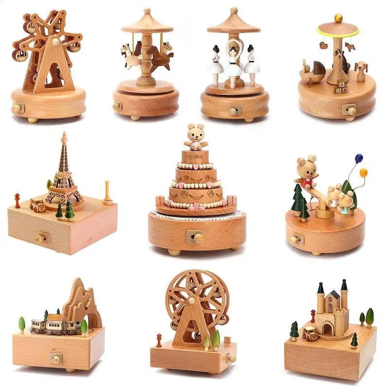 Carousel Music Box Wooden Music Box Wind Up Cartoon Musical Boxes For Girls Christmas Birthday Gift Or Desk Decoration Ornament