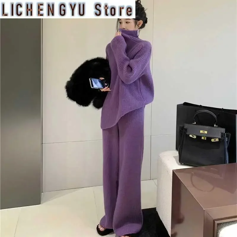 Purple Turtleneck Knitted Suit Women Thickened Fashion High-grade Sweater Wide Leg Pants Two-piece Set of Tide
