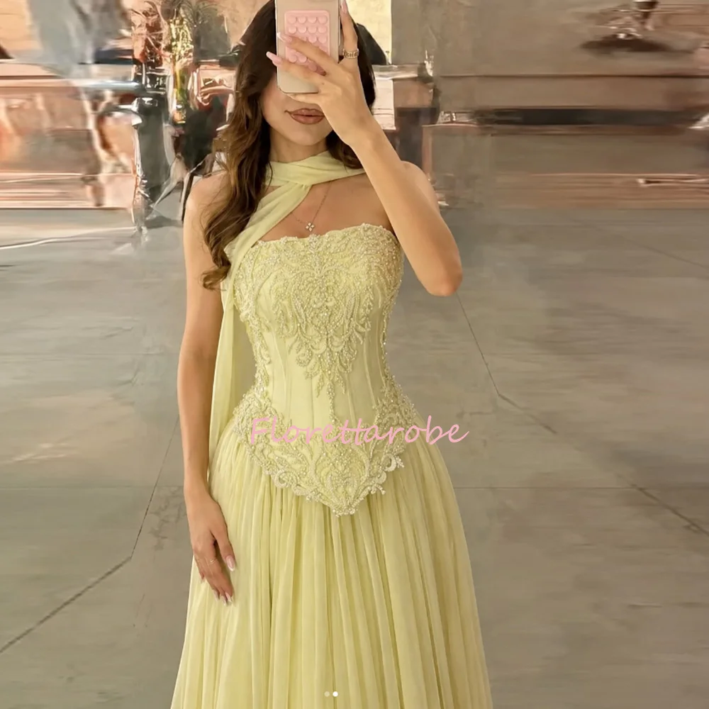 Customized Yellow Chiffon Strapless Prom Dress Elegant A-Line Evening Gowns Customized Saudi Appliqued Beads Party Dresses