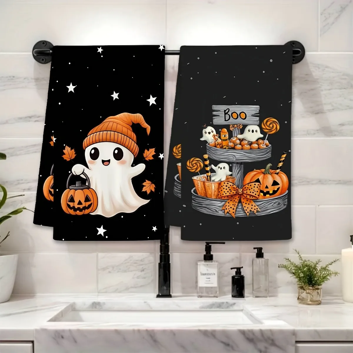 2Pc kitchen towel with ghost, pumpkin and star designs, perfect for cooking and baking