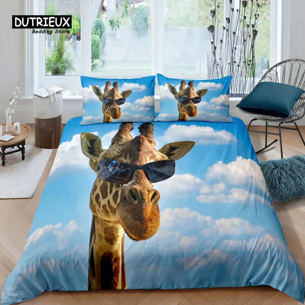 Home Living Luxury 3D Print Giraffe Bedding Set Sky Cloud Duvet Cover Pillowcase Queen and King EU/US/AU Size Polyester Bedding