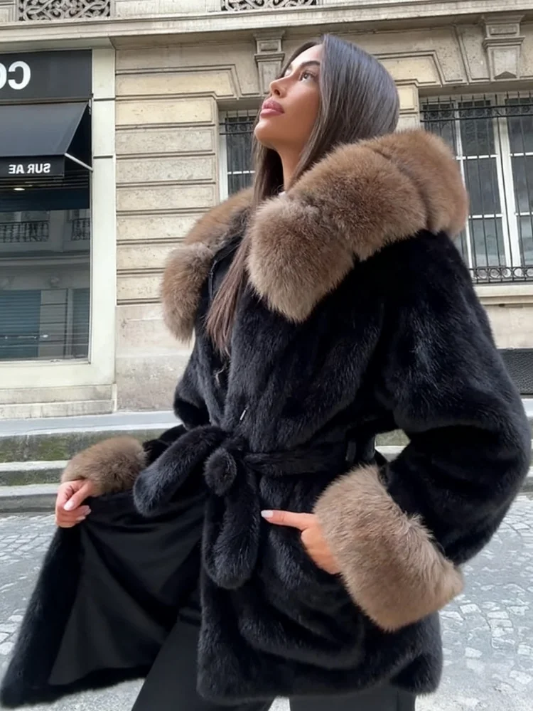 

Женское пальто из искусственного меха на осень-зиму 2025, длинное пальто с завязками на талии, шикарная приталенная куртка с длинными рукавами и меховой отделкой