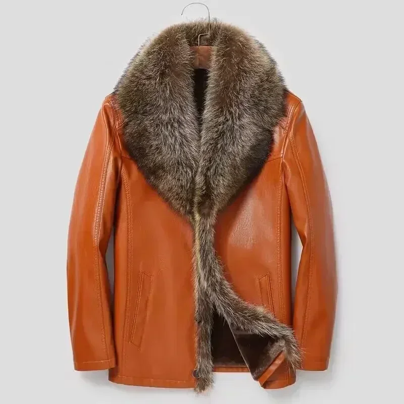 Big Fur Collar Medium Long Men's Clothing Haining Fur One Man with Wool Thickened Genuine Leather Fur Coat Sheep Skin Raccoon