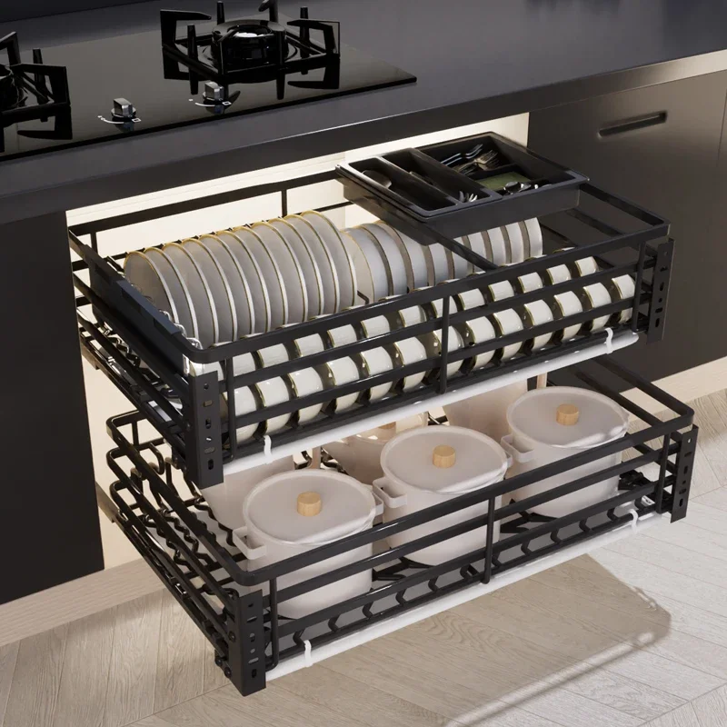Pulling basket kitchen cabinet double-layer seasoning Pulling blue track sliding rail bowl dish drawer type bowl basket