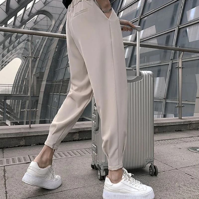 Harlan Trousers for Men Plus Big Size White Pleated with Belt 9 Cropped Elegant Up Stylish Man Suits Pants Korean Style Clothes