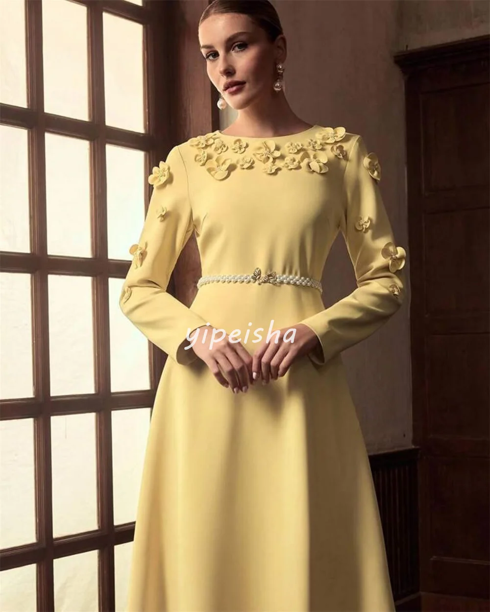 ที่กําหนดเองสไตล์โมเดิร์นจับคู่ Jersey Handmade ดอกไม้ Sash A-Line Scoop คอข้อเท้าความยาวชุด Bespoke โอกาสชุด