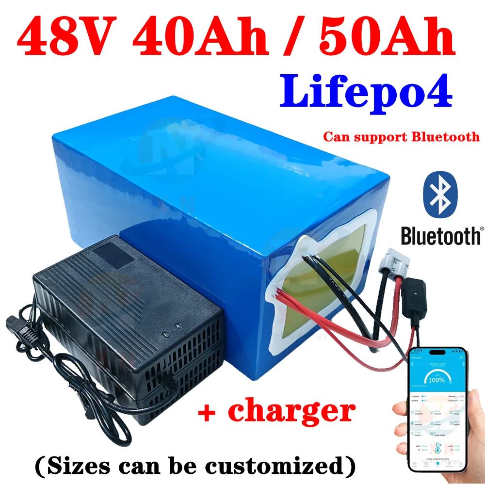 48V 50Ah Lifepo4 48v 40AH batteria al litio Bluetooth BMS APP 16S per 2000w Scooter bici triciclo barca go cart + caricatore 5A