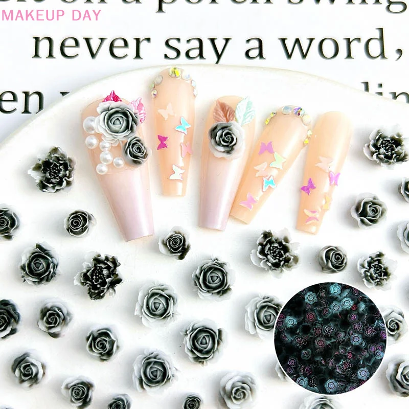 10pcs Gradient Nail Accessories Resin Dual Color Luminous Peony Flower Carving Rose Wearing Nail Decoration