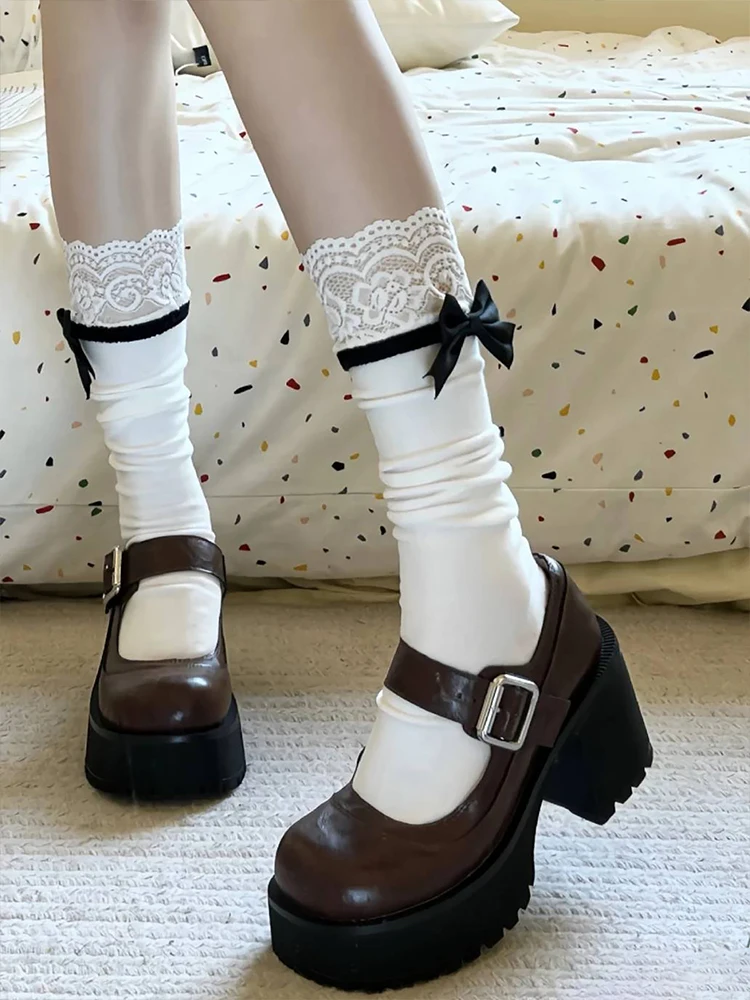 Cute  Knot Lace Leg Socks Women's Style White over Knee Socks Match Mary Jane Shoes Lovely Lolita Socks High Tube