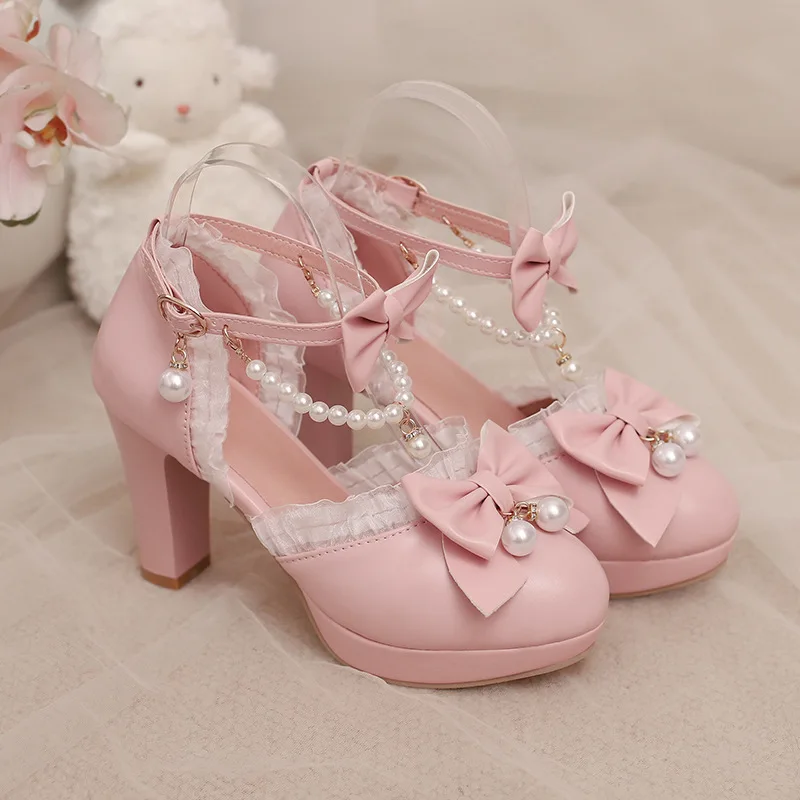 Ankle Strap Lolita Shoes Womens Platform Super High Heels Cute Pearls Ruffles Bow OL Dress Pumps Girls Footwear Cosplay
