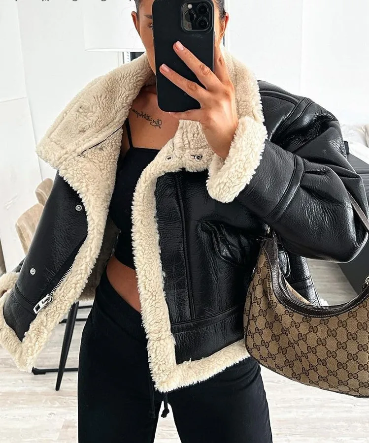 CNACNOO Women Fashion Thick Warm Faux Leather Shearling Jacket Coat Vintage Long Sleeve Flap Pocket Female Outerwear Chic Tops